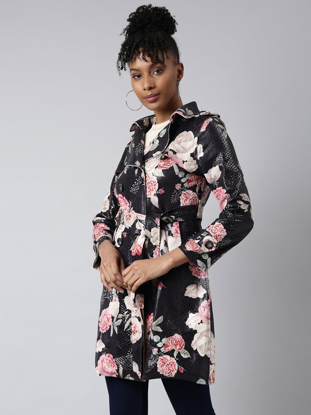 Women Floral Longline Black Trench Coat