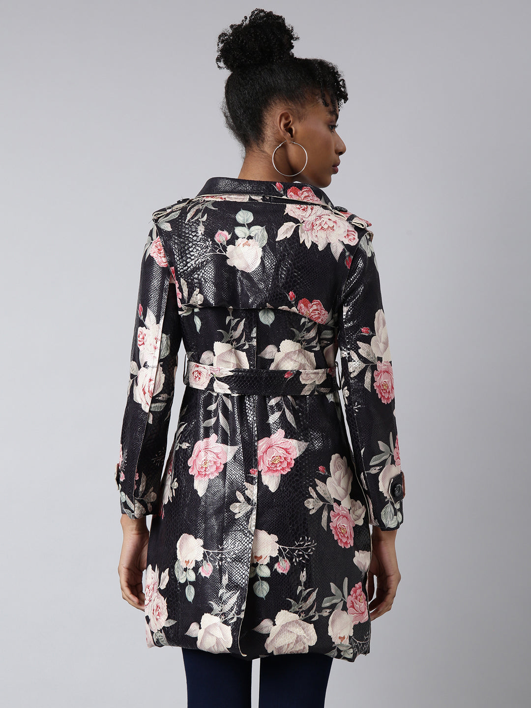 Women Floral Longline Black Trench Coat