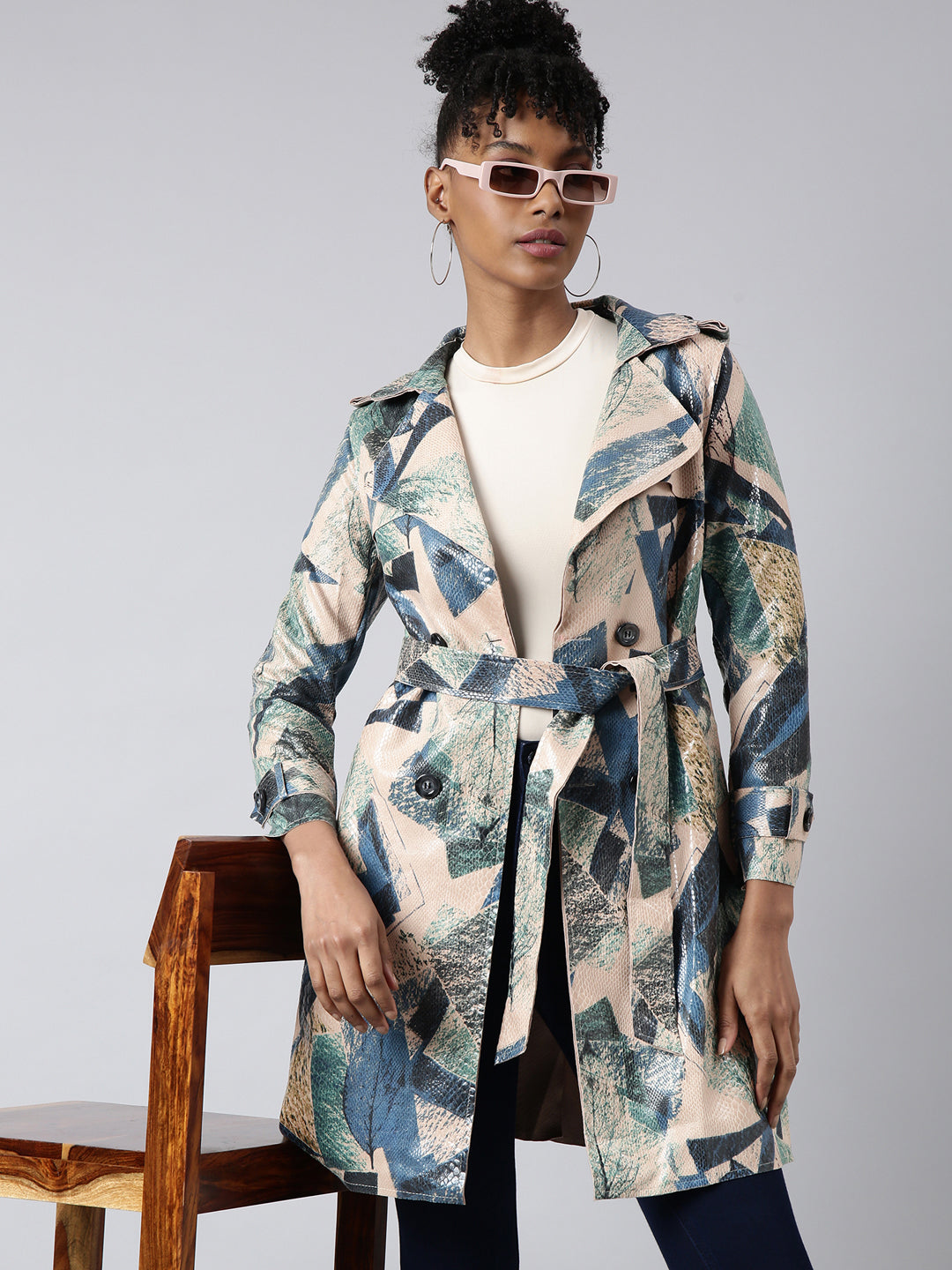 Women Abstract Longline Green Trench Coat