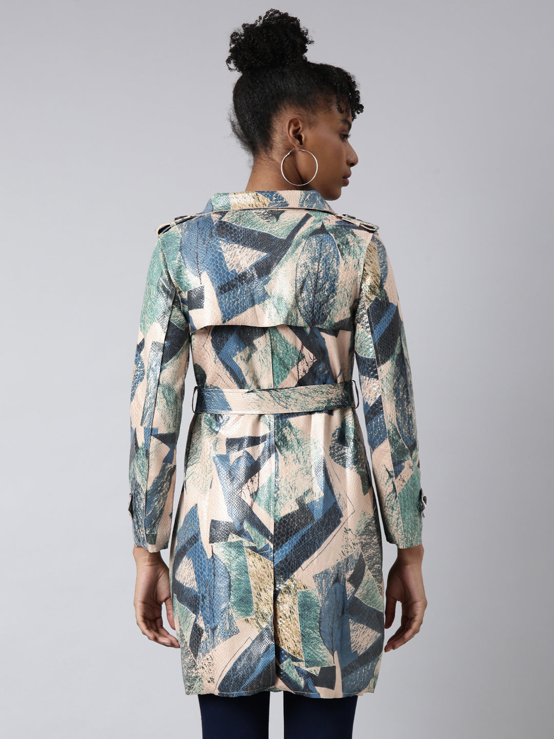 Women Abstract Longline Green Trench Coat