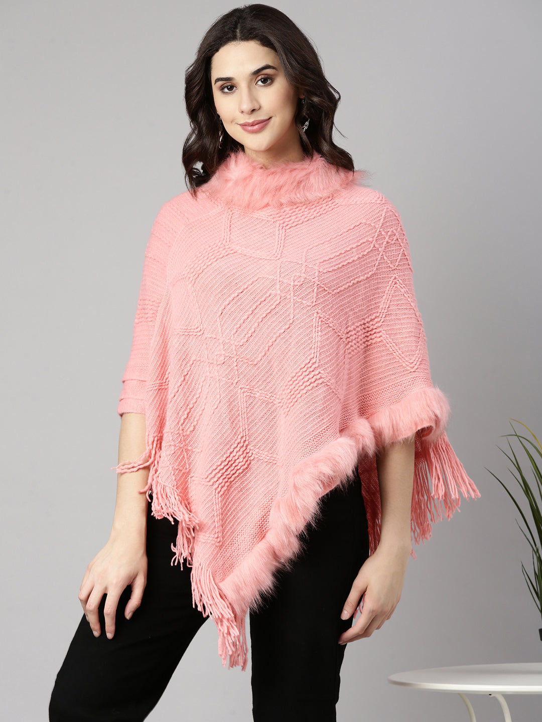 Women Solid Pink Poncho