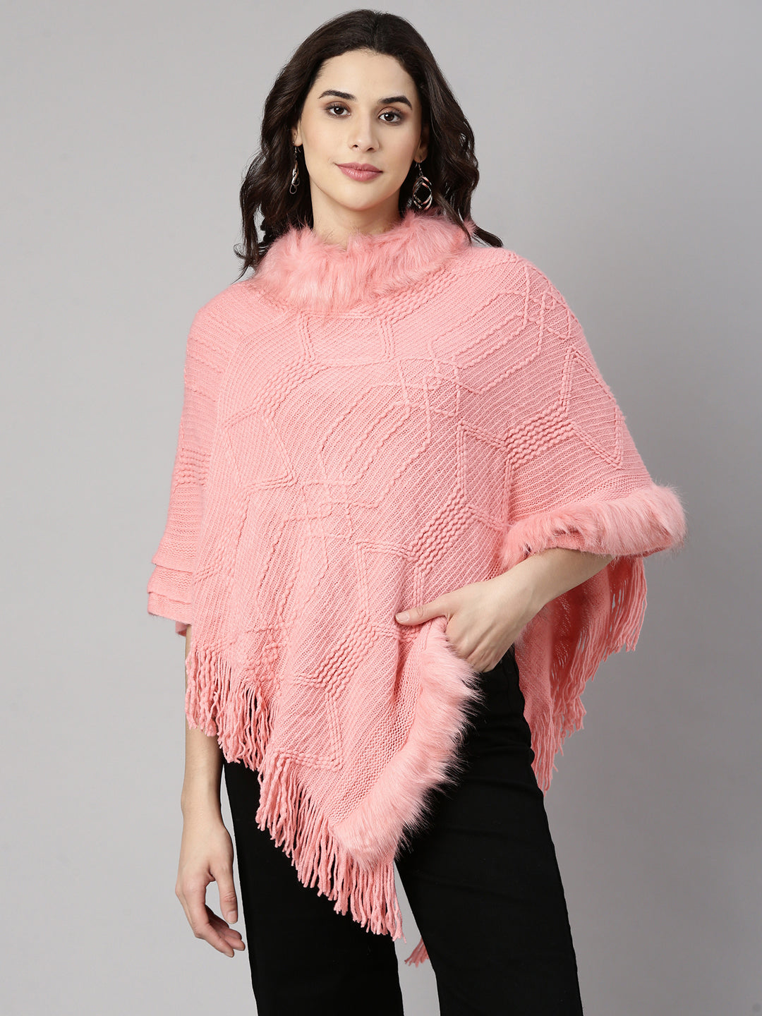 Women Solid Pink Poncho