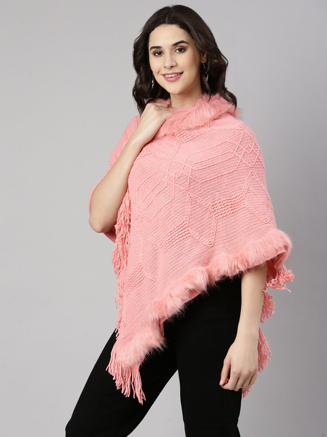 Women Solid Pink Poncho