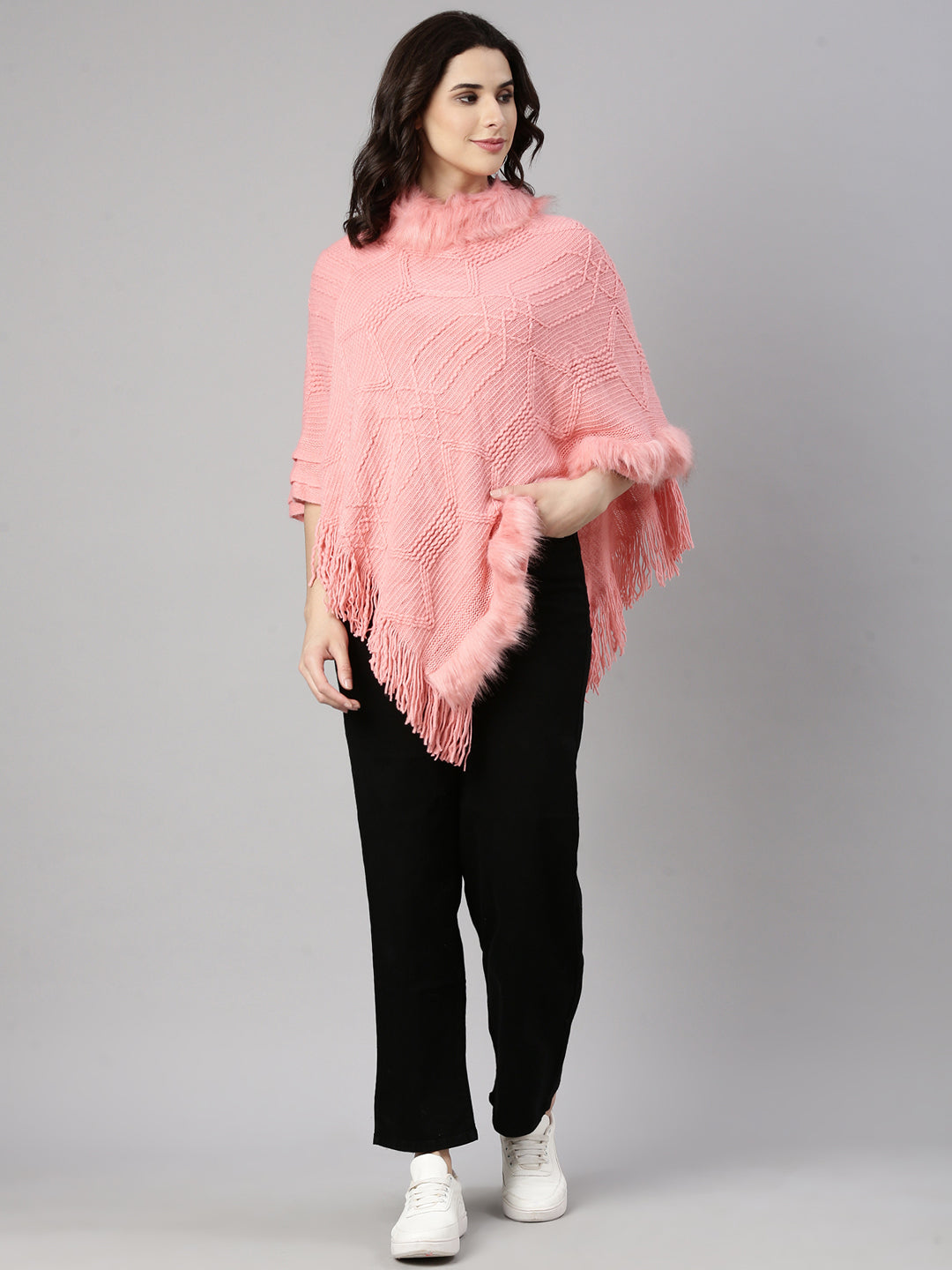 Women Solid Pink Poncho