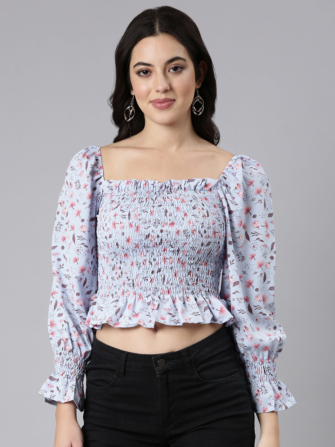 Women Floral Peplum Blue Crop Top