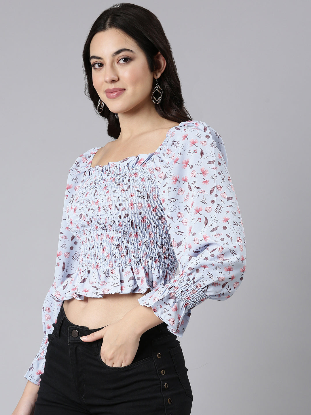 Women Floral Peplum Blue Crop Top