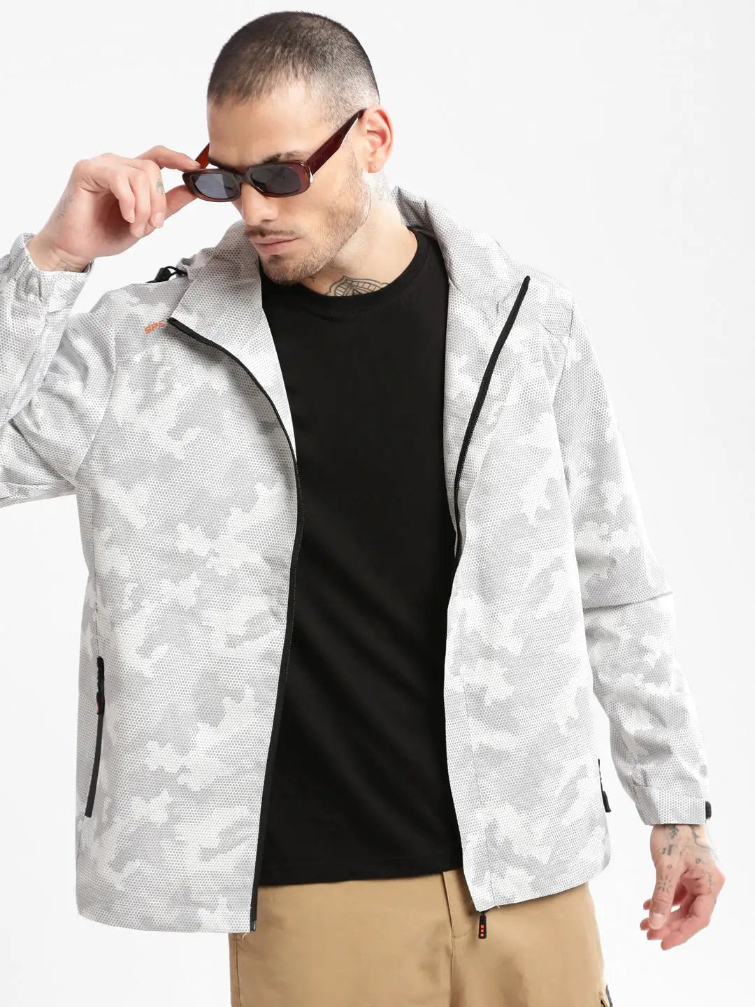 Men's Hooded White Geometric Tailored Oversized Jacket comes with Detachable Hoodie - from SHOWOFFFF