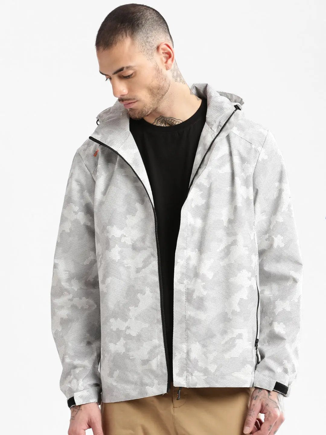 Men's Hooded White Geometric Tailored Oversized Jacket comes with Detachable Hoodie - from SHOWOFFFF