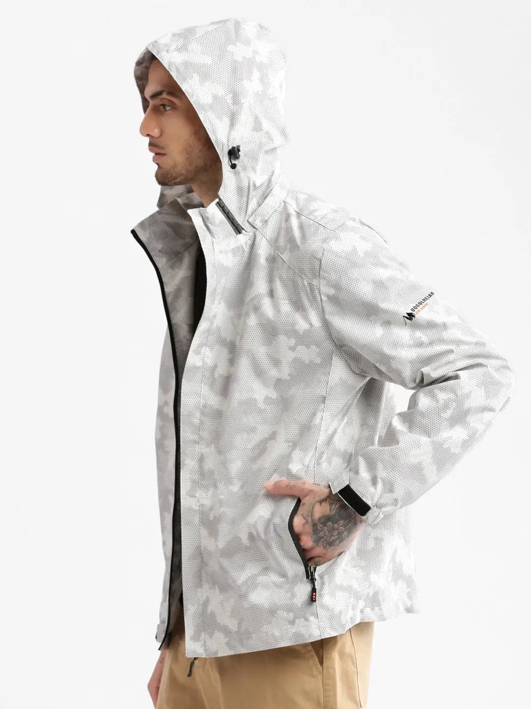 Men's Hooded White Geometric Tailored Oversized Jacket comes with Detachable Hoodie - from SHOWOFFFF