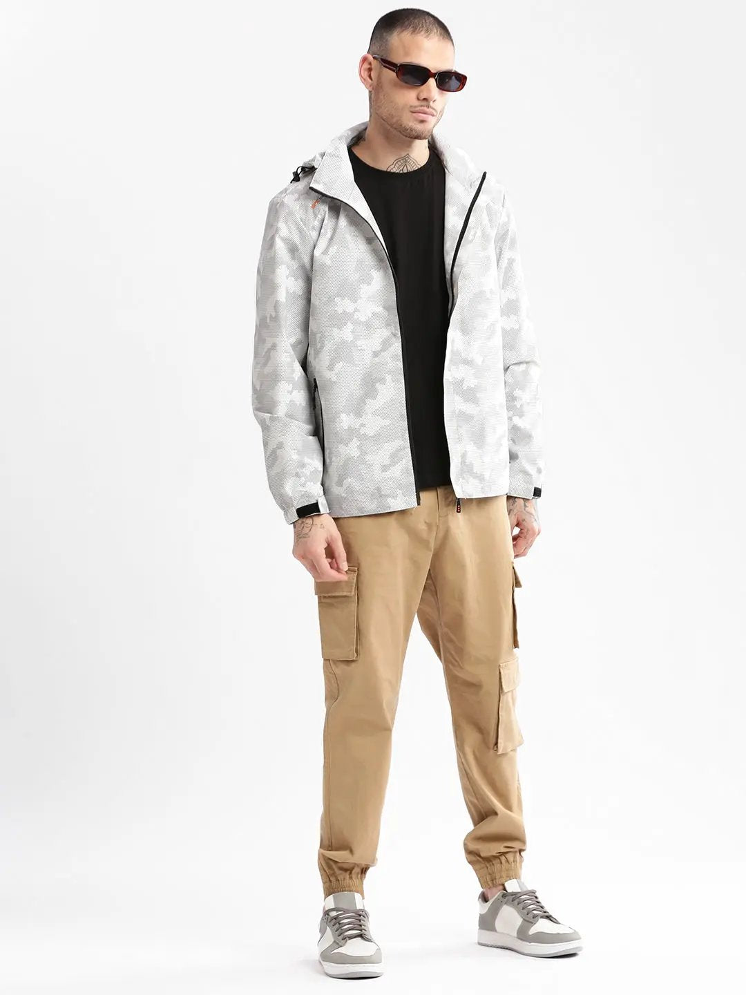 Men's Hooded White Geometric Tailored Oversized Jacket comes with Detachable Hoodie - from SHOWOFFFF
