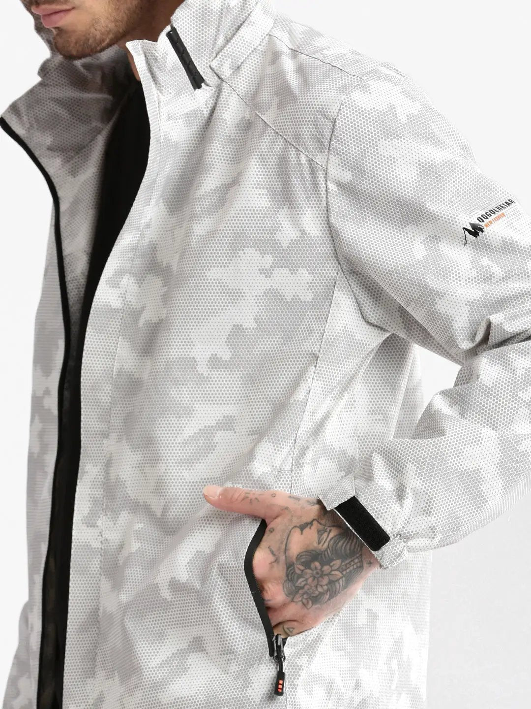 Men's Hooded White Geometric Tailored Oversized Jacket comes with Detachable Hoodie - from SHOWOFFFF