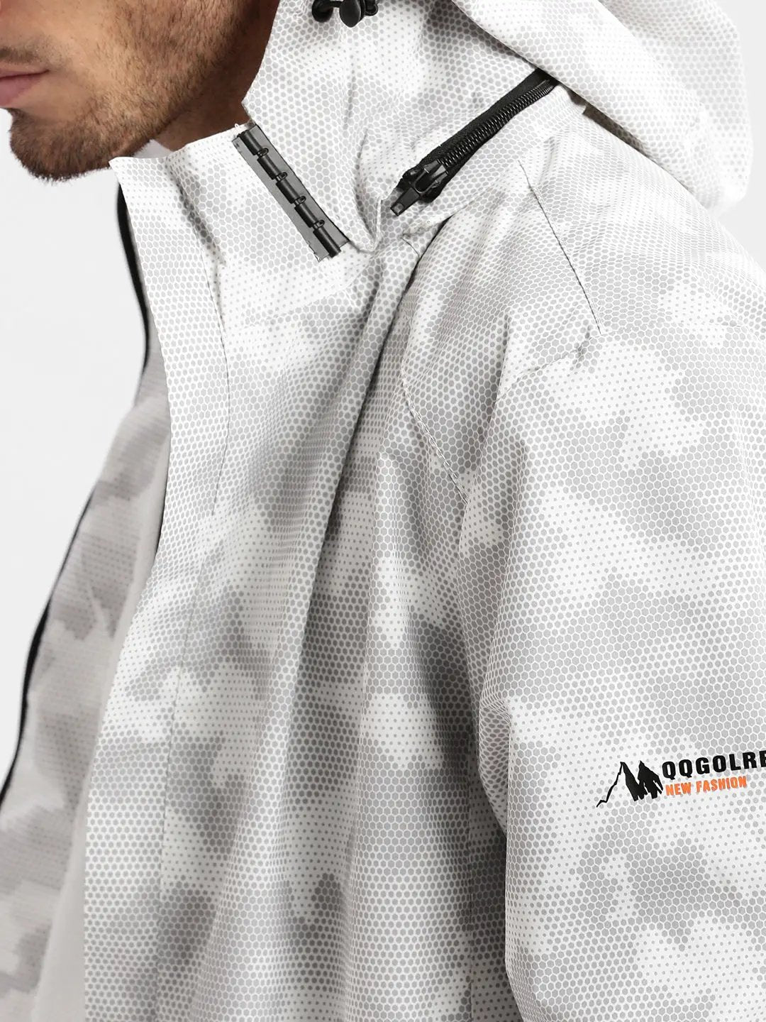 Men's Hooded White Geometric Tailored Oversized Jacket comes with Detachable Hoodie - from SHOWOFFFF