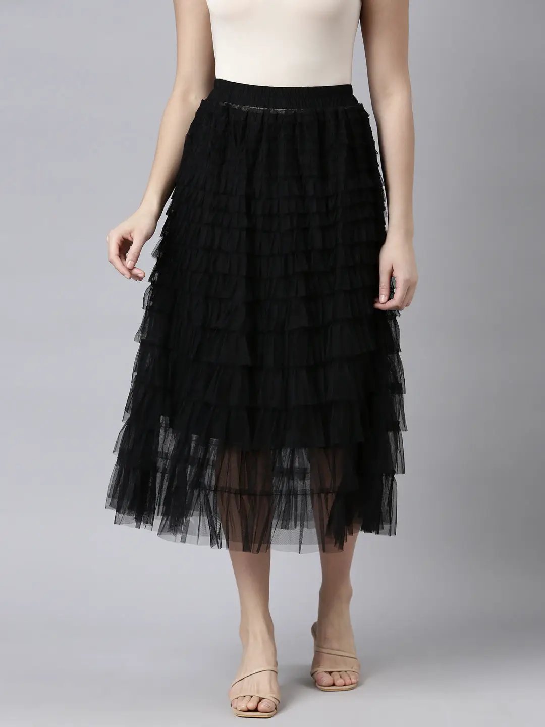 Women's Solid Black Tiered Midi Skirt