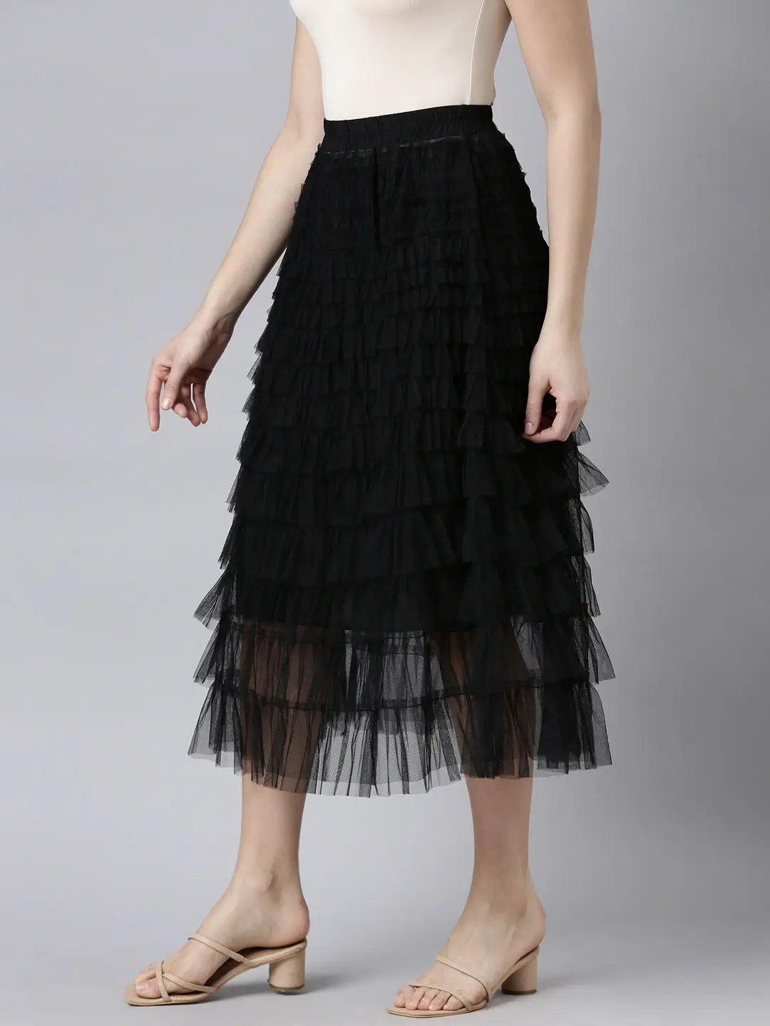 Women's Solid Black Tiered Midi Skirt