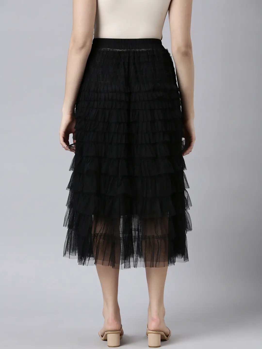 Women's Solid Black Tiered Midi Skirt
