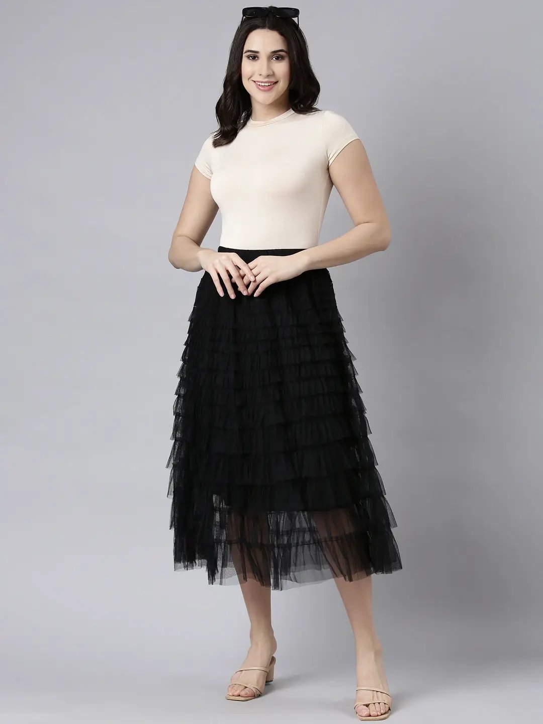 Women's Solid Black Tiered Midi Skirt