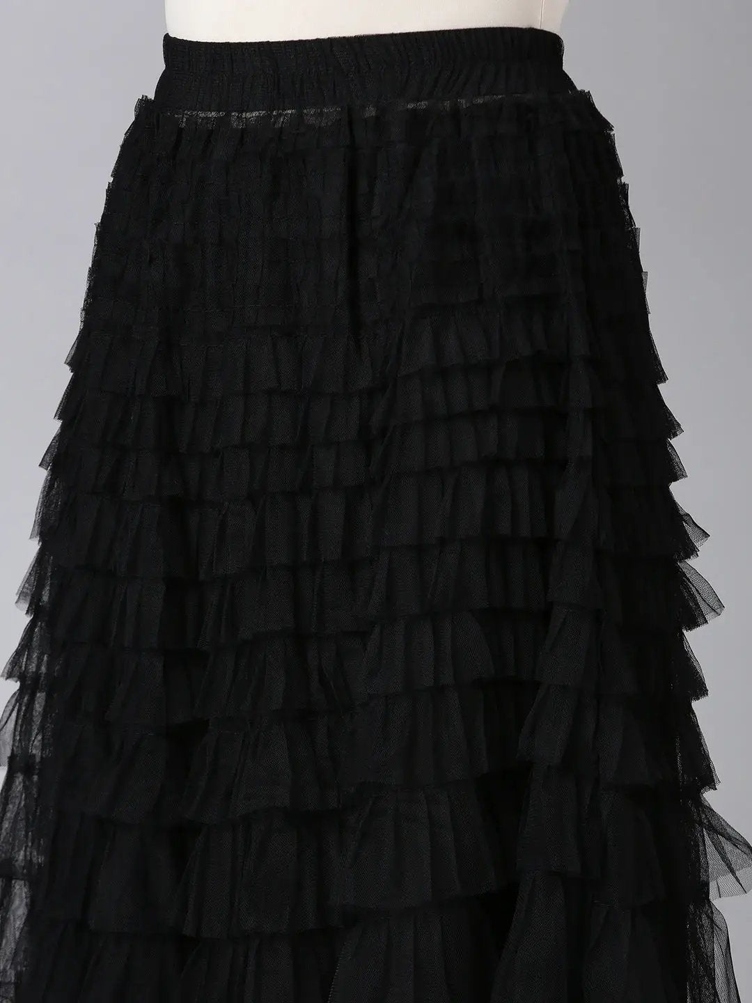 Women's Solid Black Tiered Midi Skirt