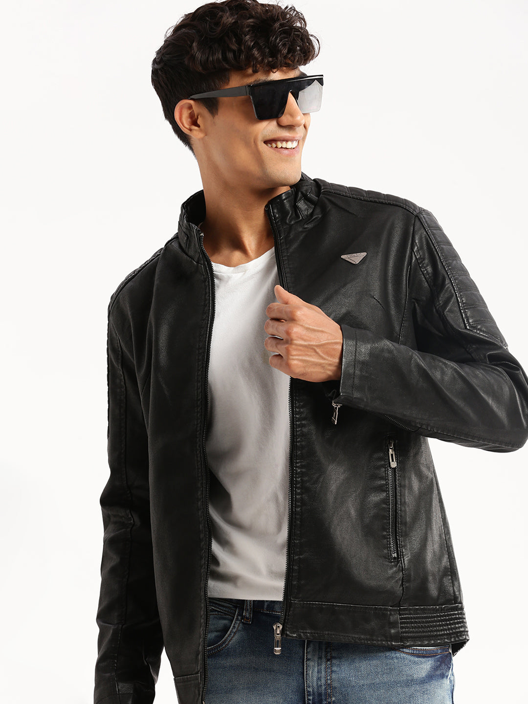 Men's Black Mock Collar Solid Tailored Jacket