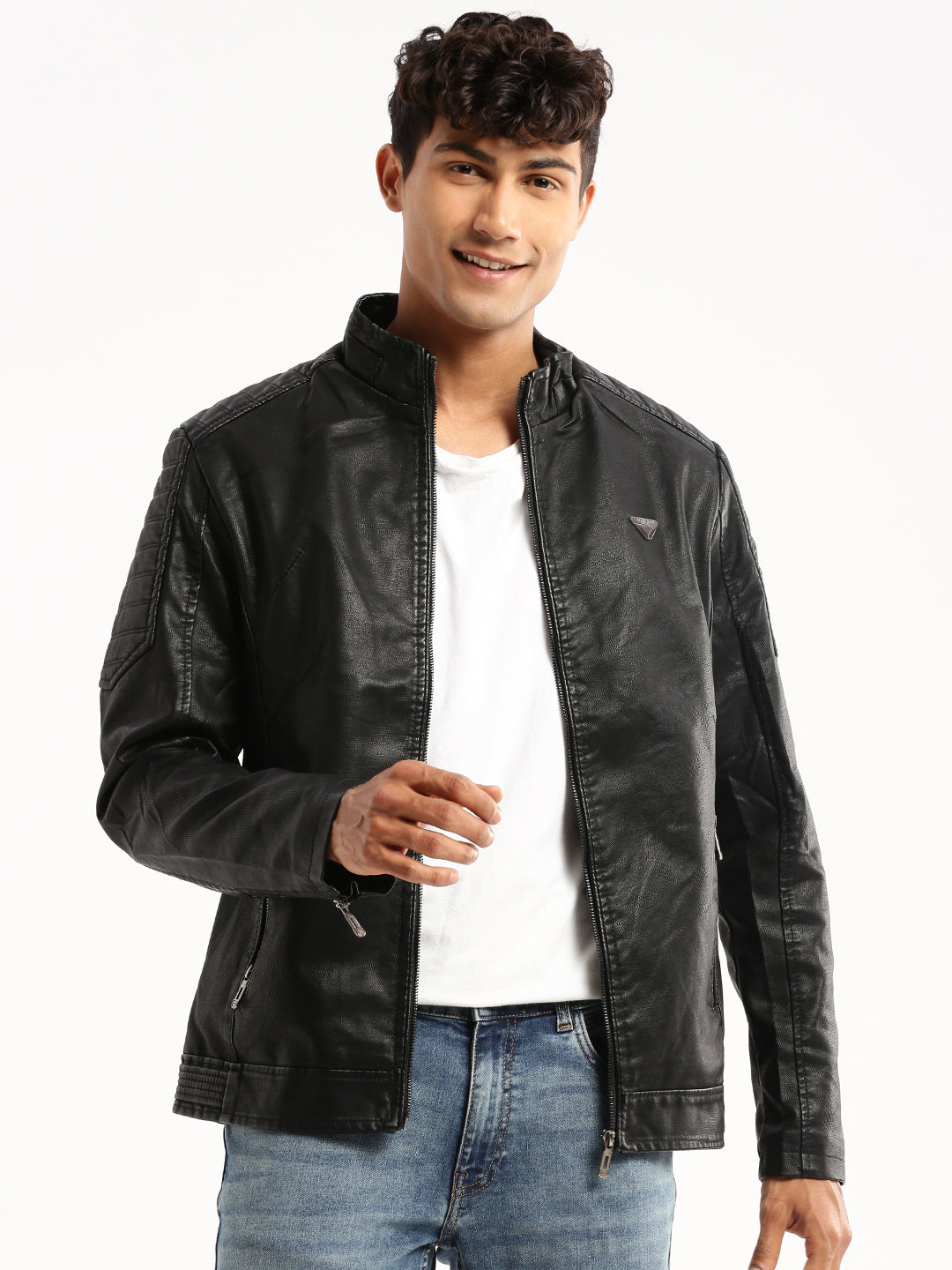 Men's Black Mock Collar Solid Tailored Jacket