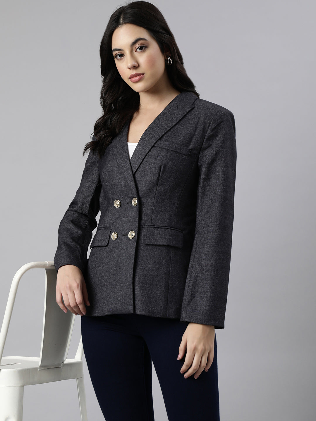 Women Grey Double-Breasted Blazer