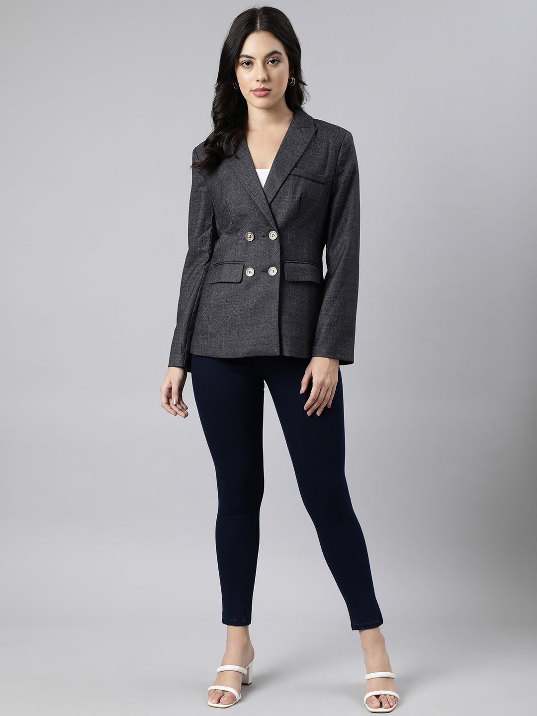 Women Grey Double-Breasted Blazer