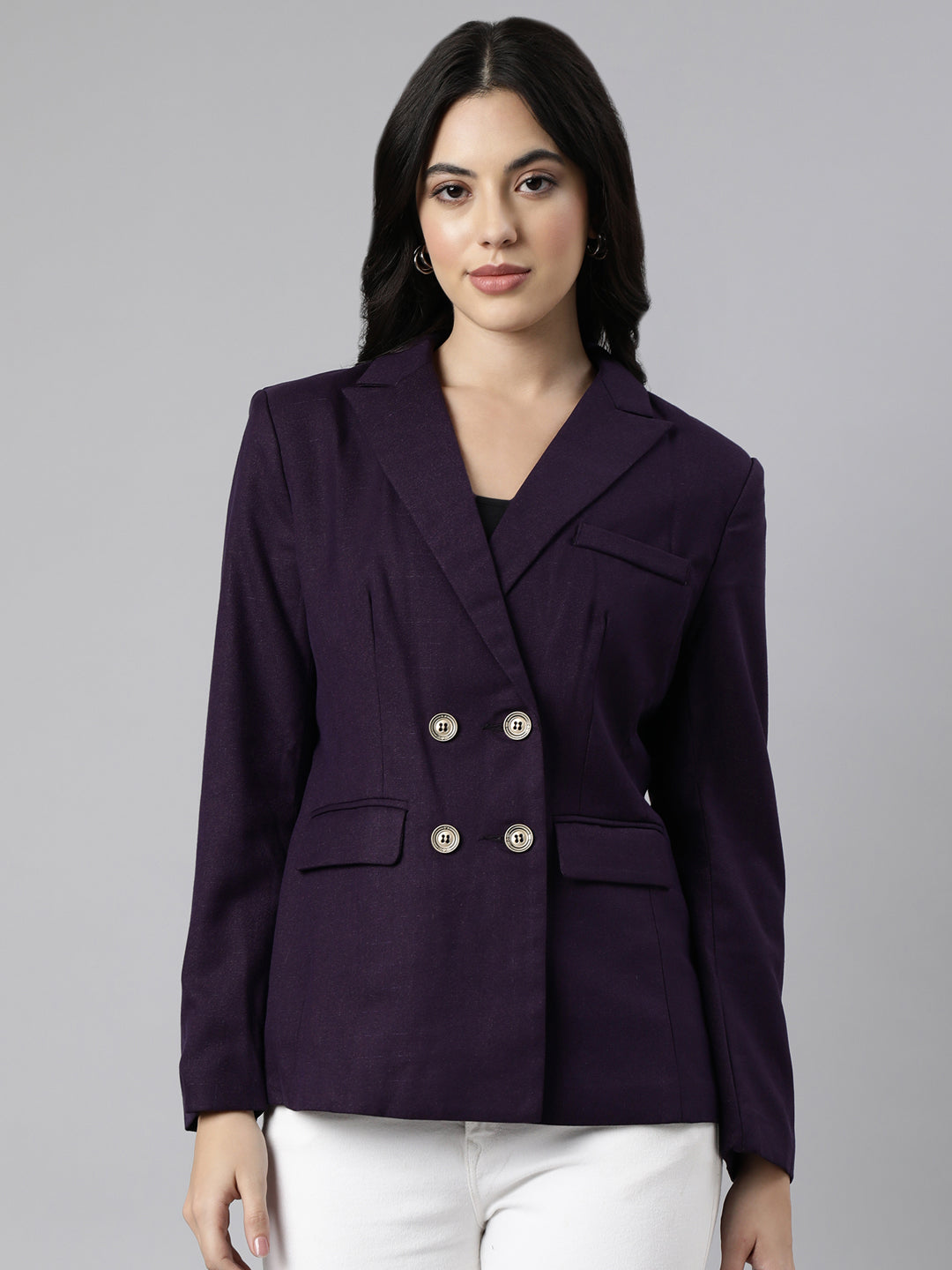 Women Purple Double-Breasted Blazer