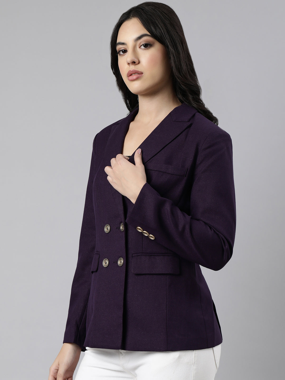 Women Purple Double-Breasted Blazer