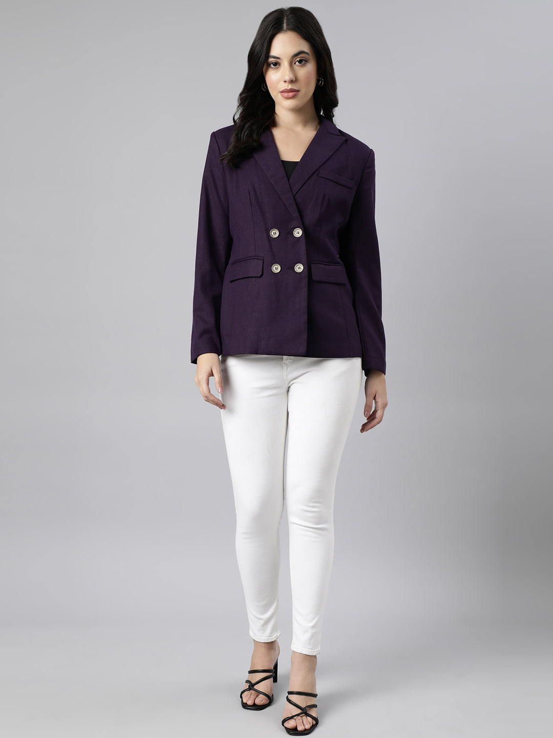 Women Purple Double-Breasted Blazer