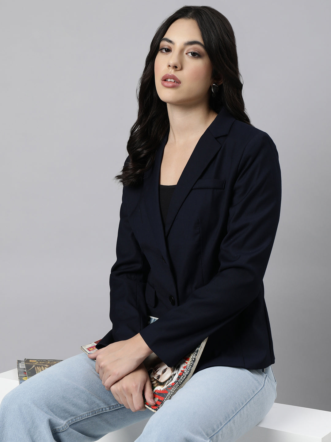 Women Navy Blue Single-Breasted Blazer