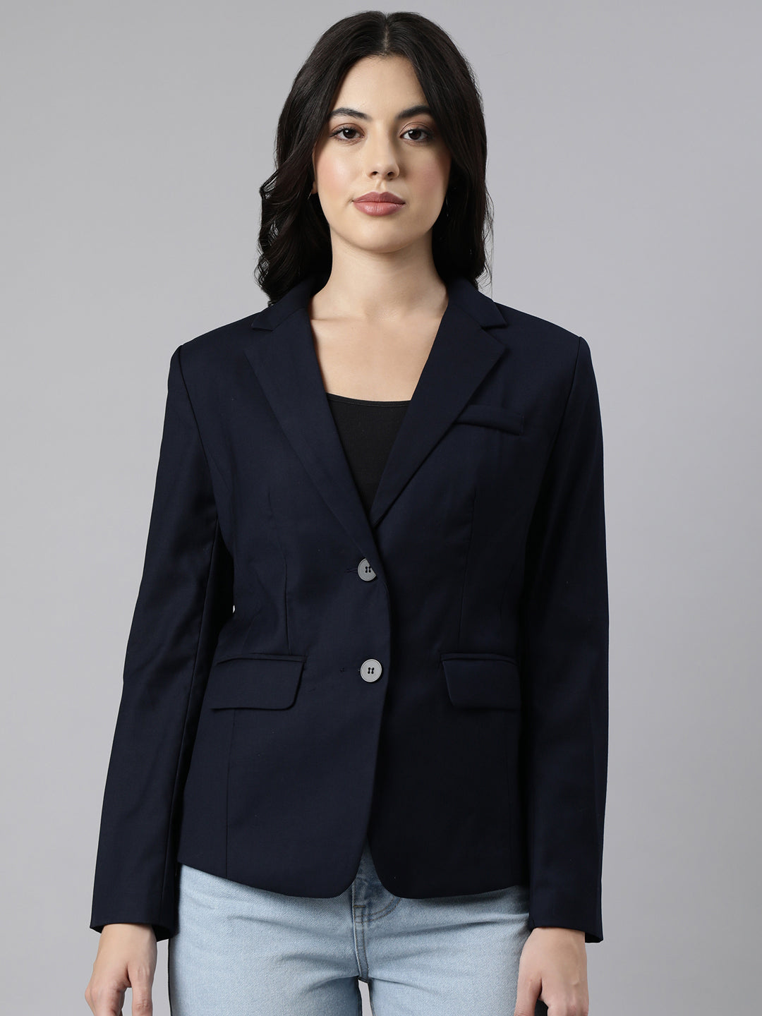 Women Navy Blue Single-Breasted Blazer