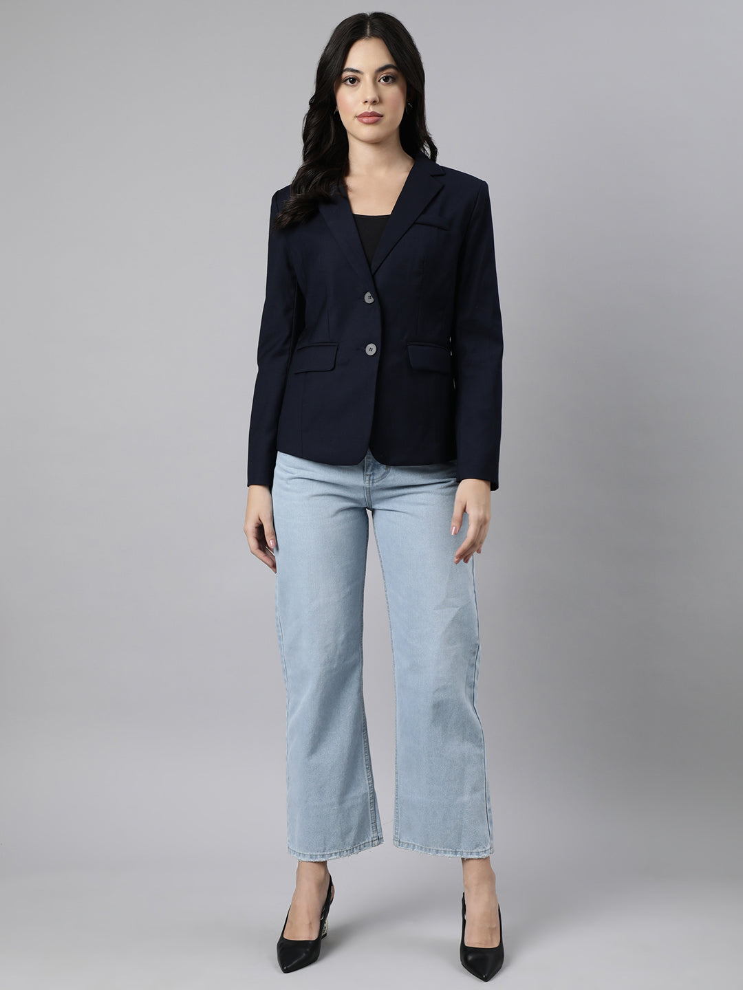 Women Navy Blue Single-Breasted Blazer