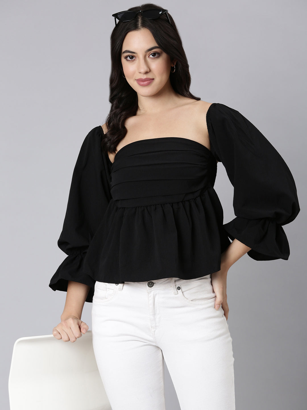 Women Solid Peplum Black Crop Top