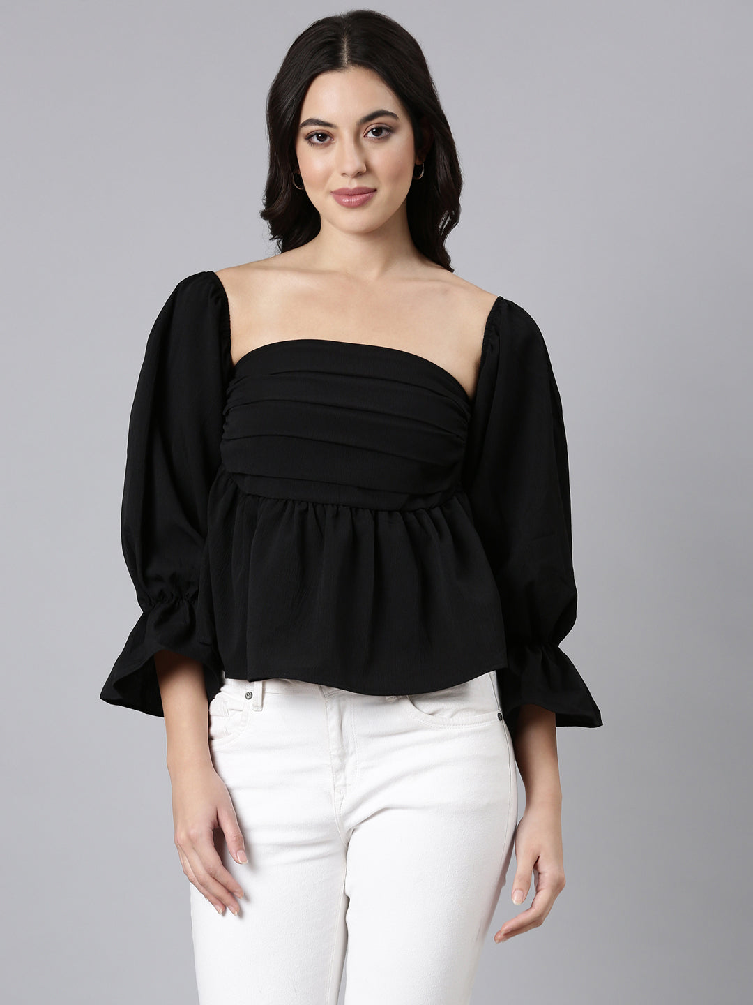 Women Solid Peplum Black Crop Top