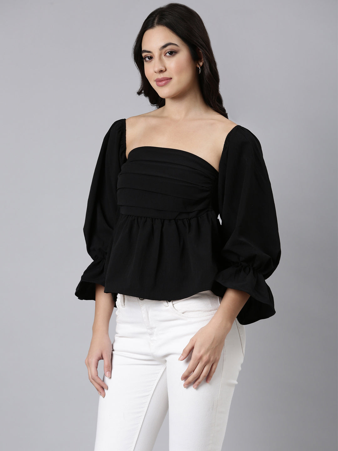 Women Solid Peplum Black Crop Top