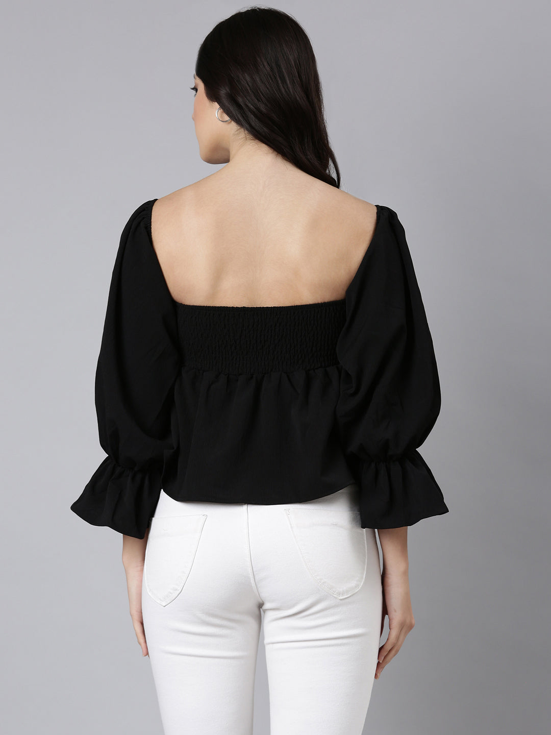 Women Solid Peplum Black Crop Top