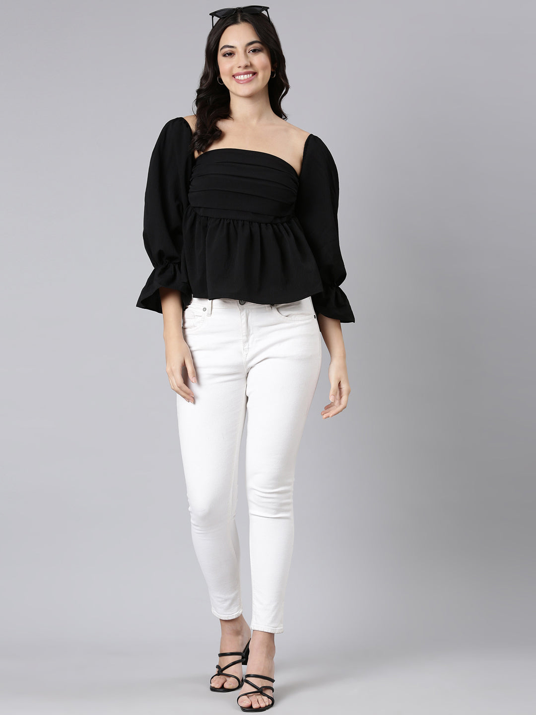 Women Solid Peplum Black Crop Top