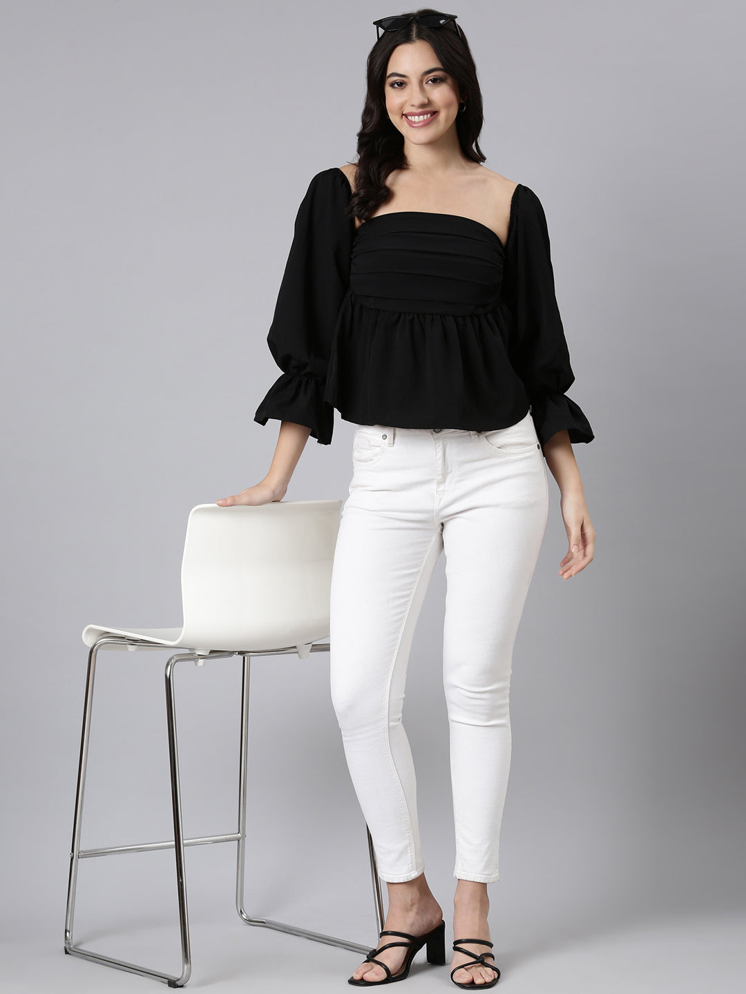 Women Solid Peplum Black Crop Top