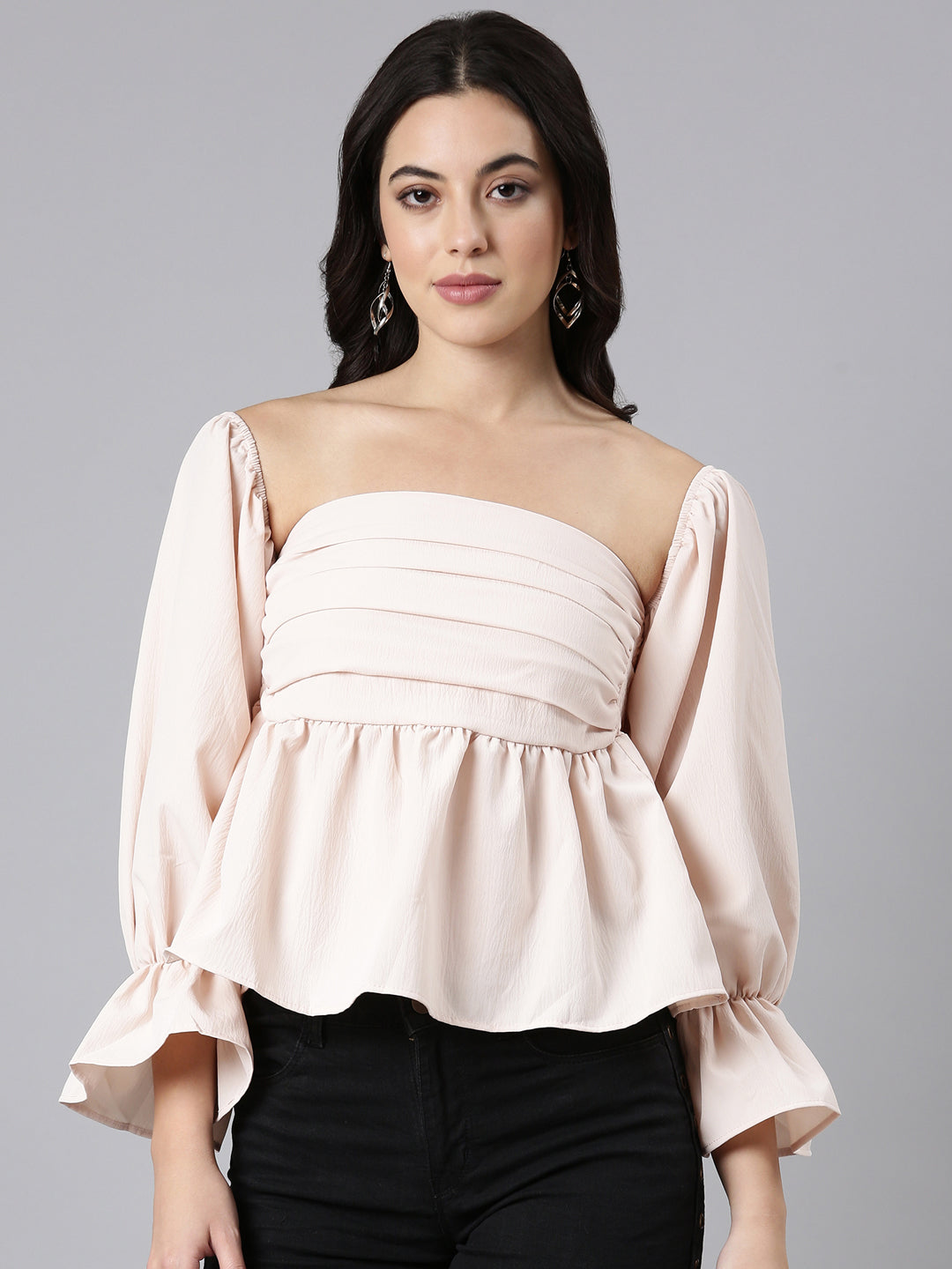 Women Solid Peplum Peach Crop Top