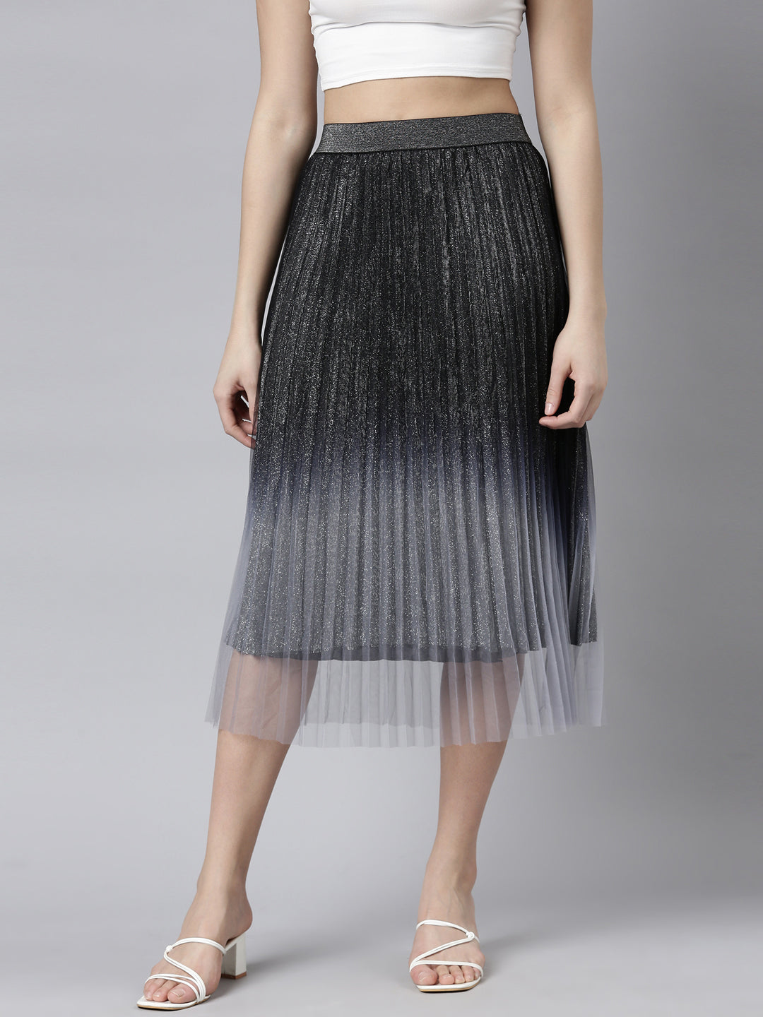 Women Ombre Black Flared Midi Sheer Skirt