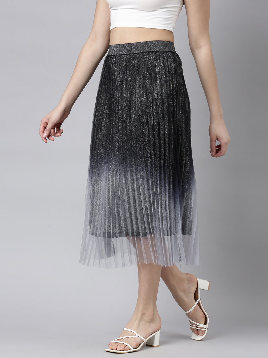 Women Ombre Black Flared Midi Sheer Skirt