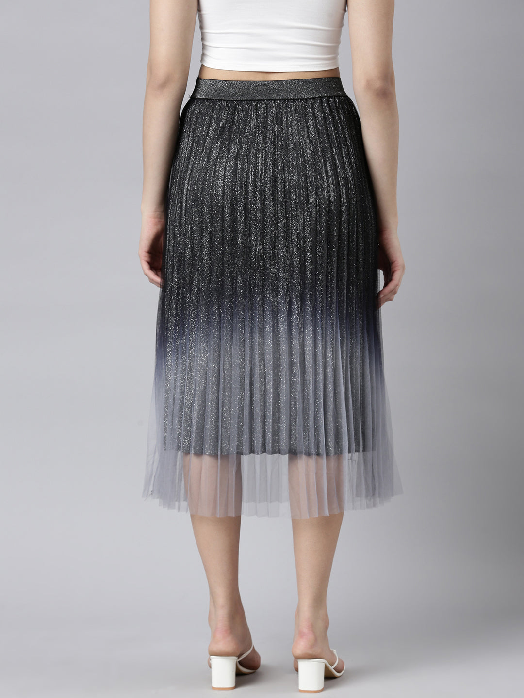 Women Ombre Black Flared Midi Sheer Skirt