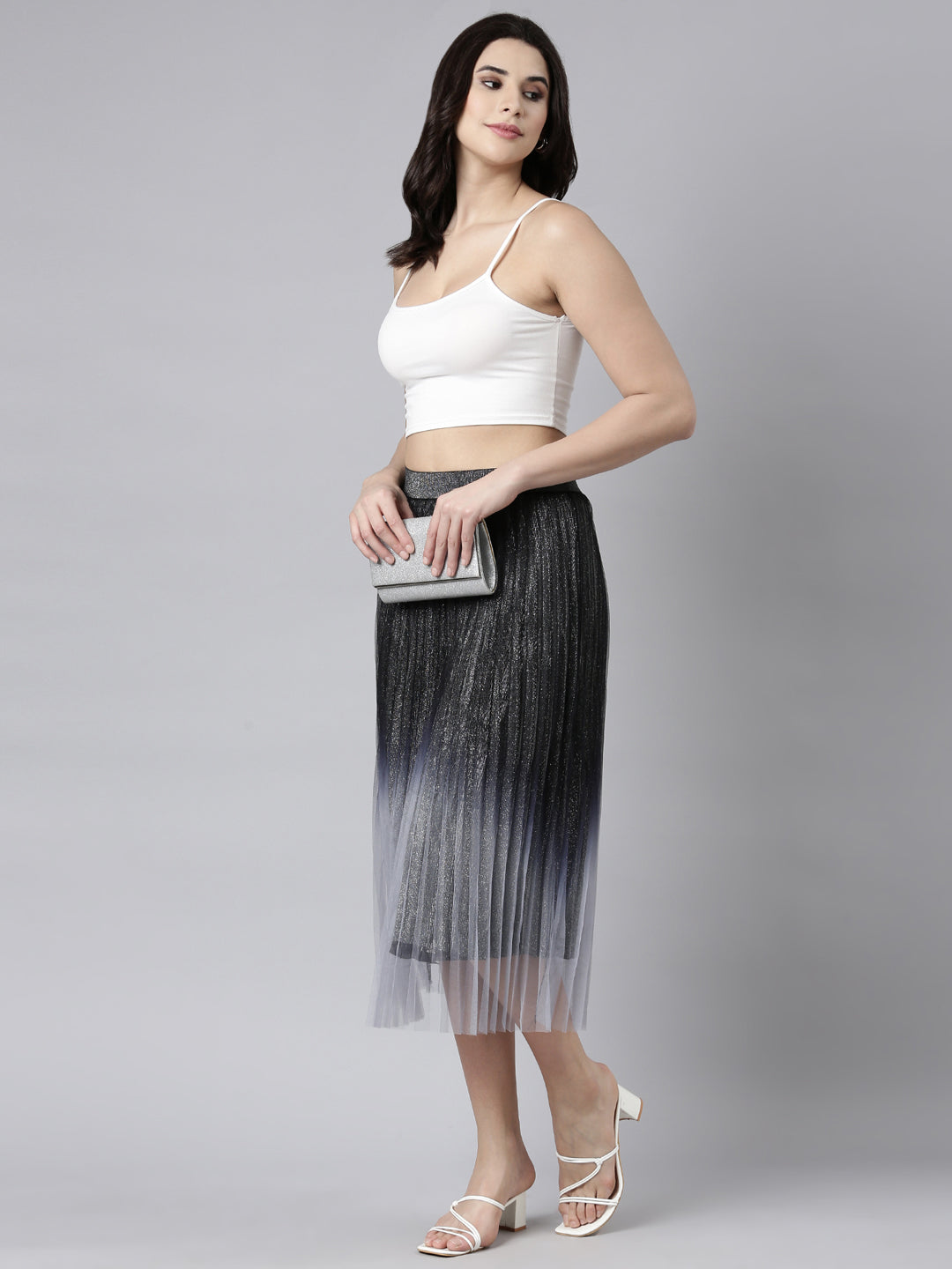 Women Ombre Black Flared Midi Sheer Skirt