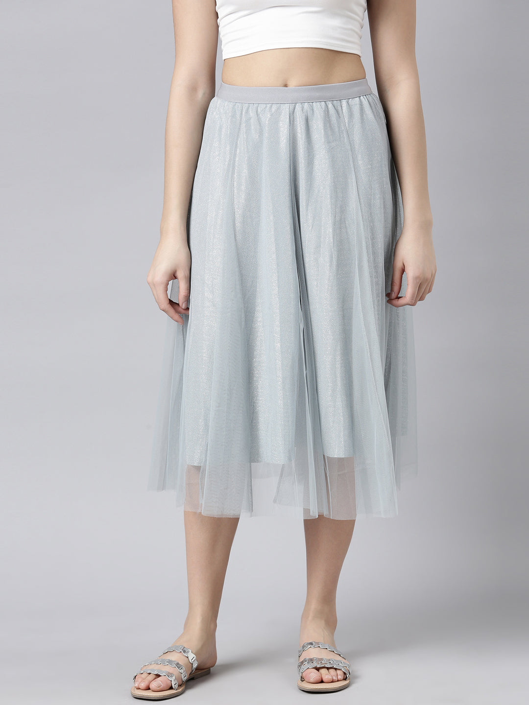 Women Solid Grey Flared Midi Sheer Skirt