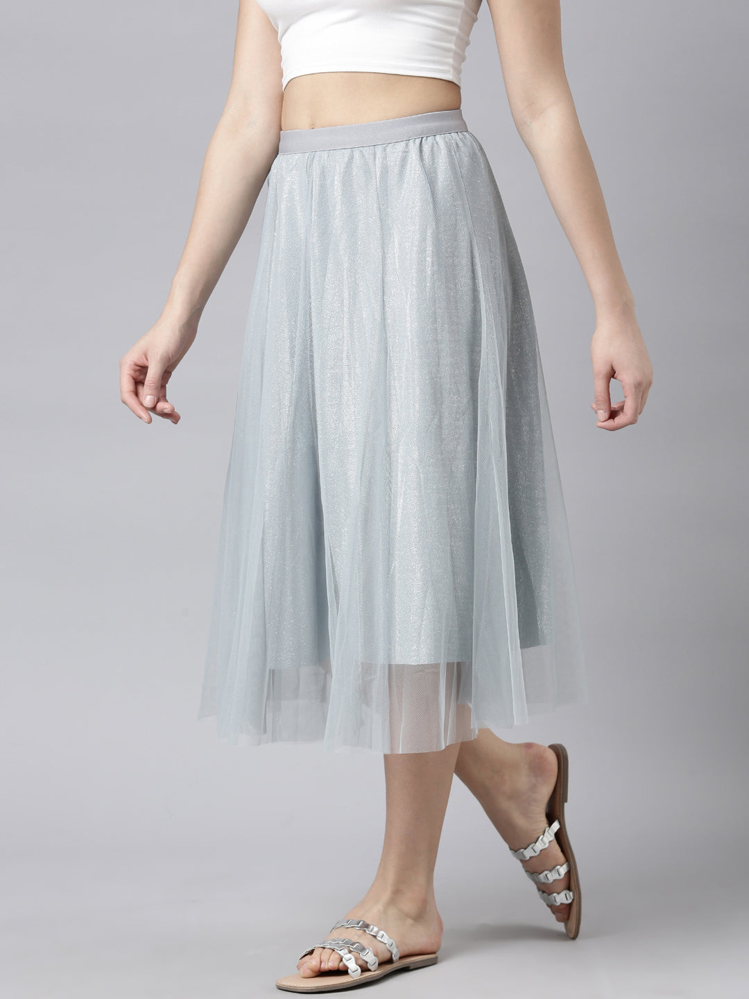 Women Solid Grey Flared Midi Sheer Skirt