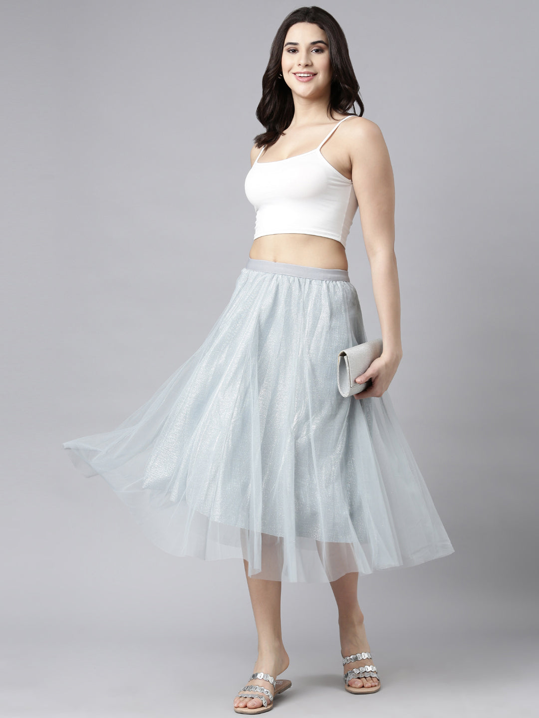 Women Solid Grey Flared Midi Sheer Skirt