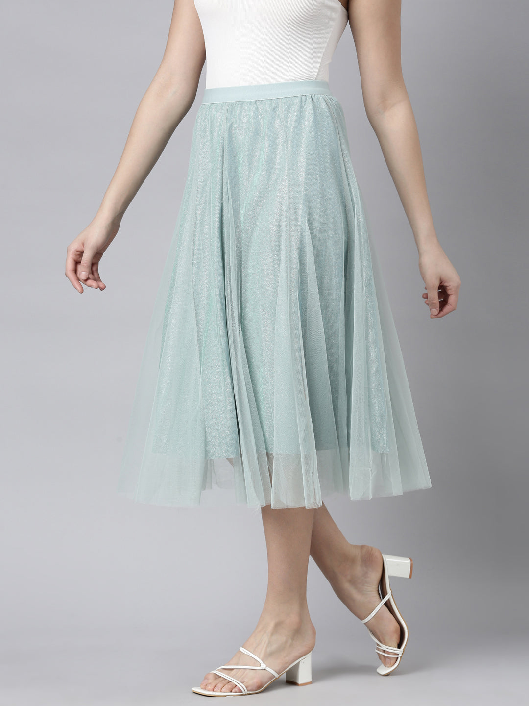 Women Solid Sea Green Flared Midi Sheer Skirt