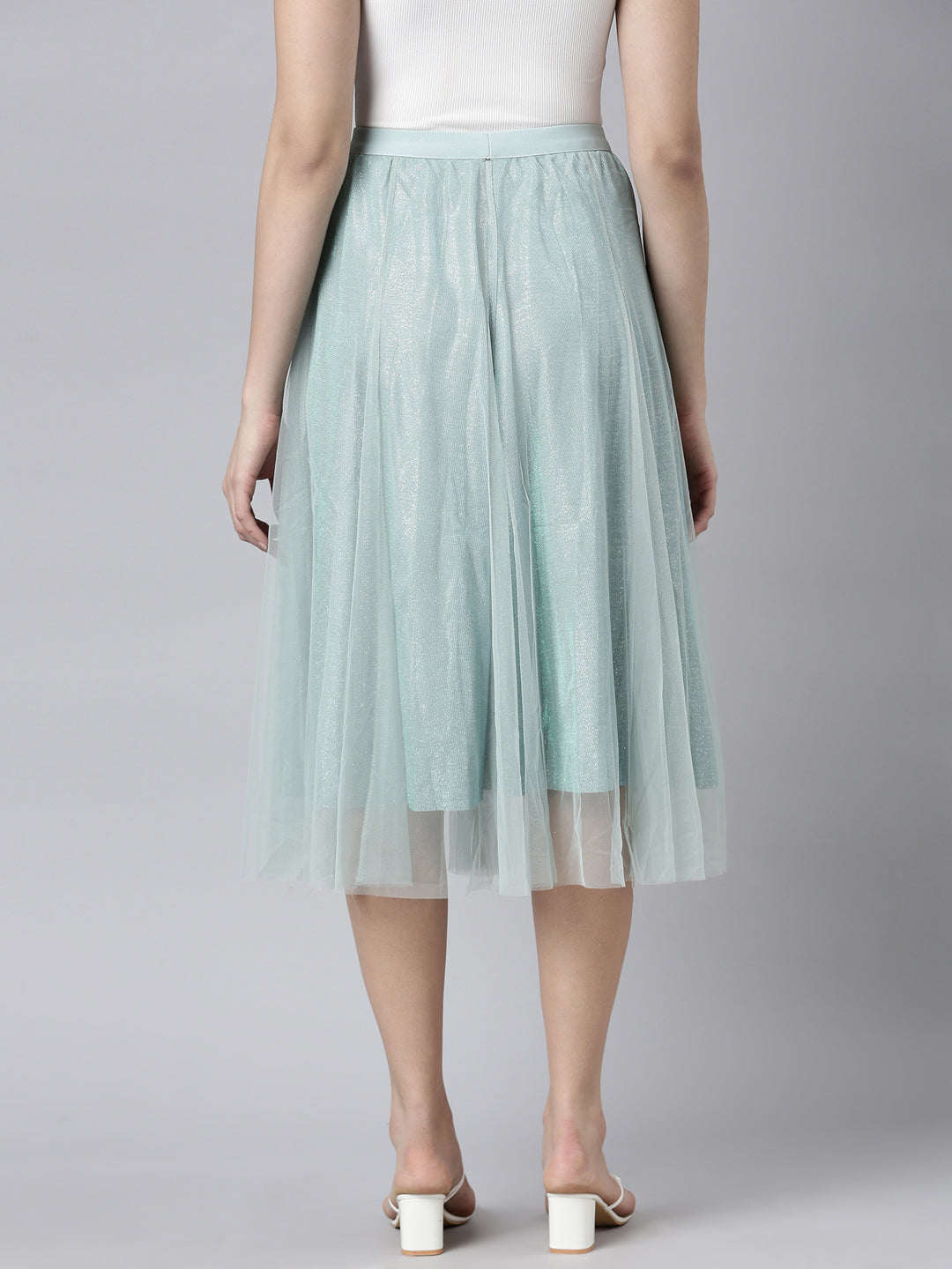 Women Solid Sea Green Flared Midi Sheer Skirt