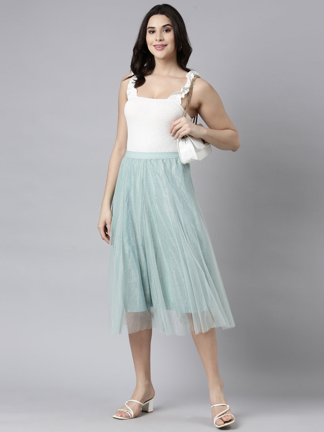 Women Solid Sea Green Flared Midi Sheer Skirt