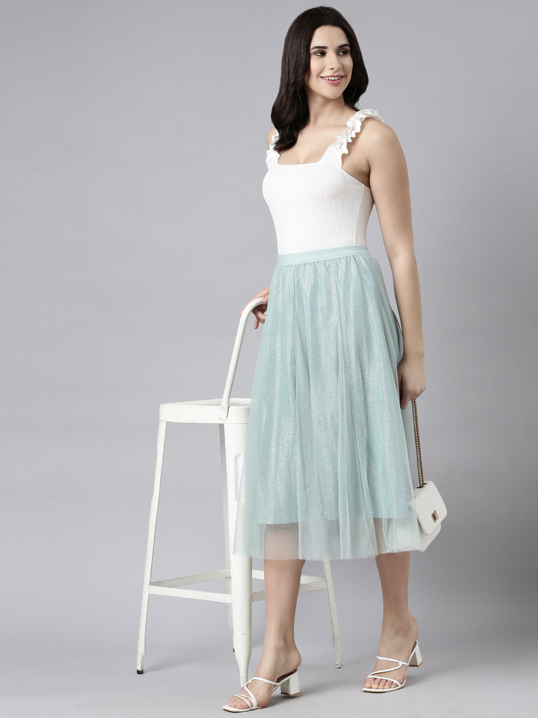 Women Solid Sea Green Flared Midi Sheer Skirt