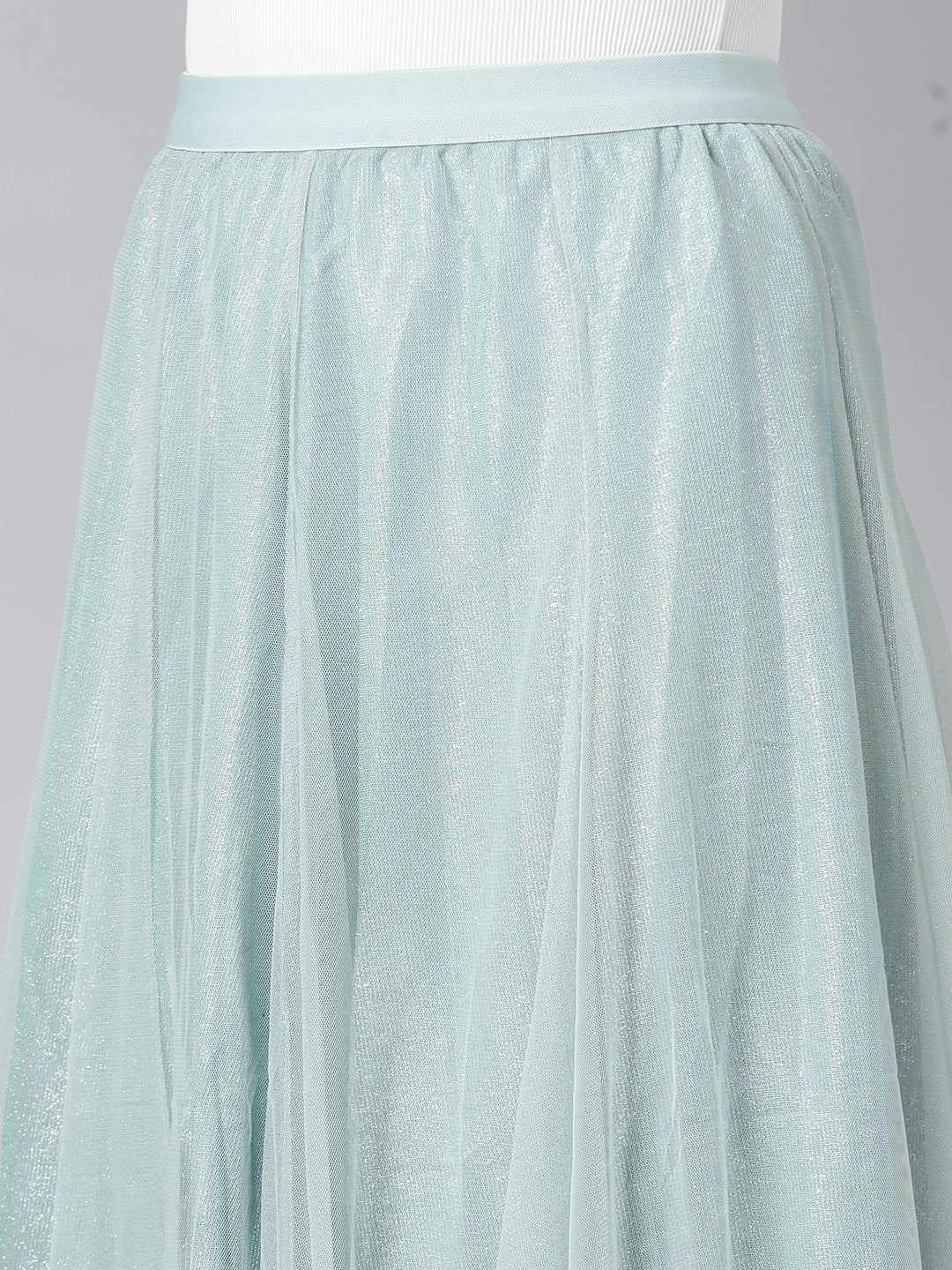 Women Solid Sea Green Flared Midi Sheer Skirt